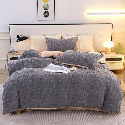 富之航 2023新款雕花绒牛奶绒四件套 山茶花-高级灰