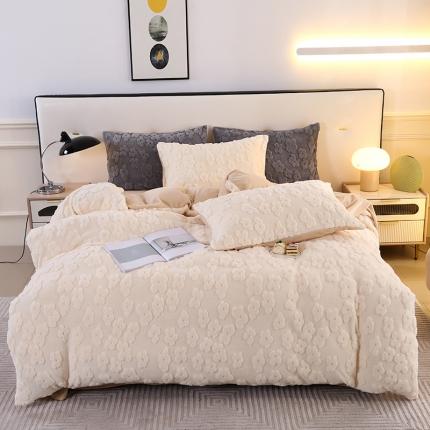 富之航 2023新款雕花绒牛奶绒四件套 山茶花-奶白