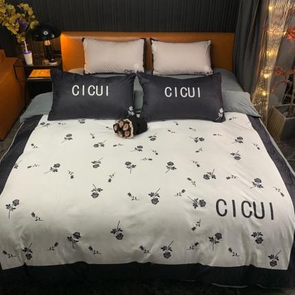 91家纺网 家纺一手货源 找家纺 花沐家居 2023新款活性数码印花牛奶绒四件套-场景1 小古黑花