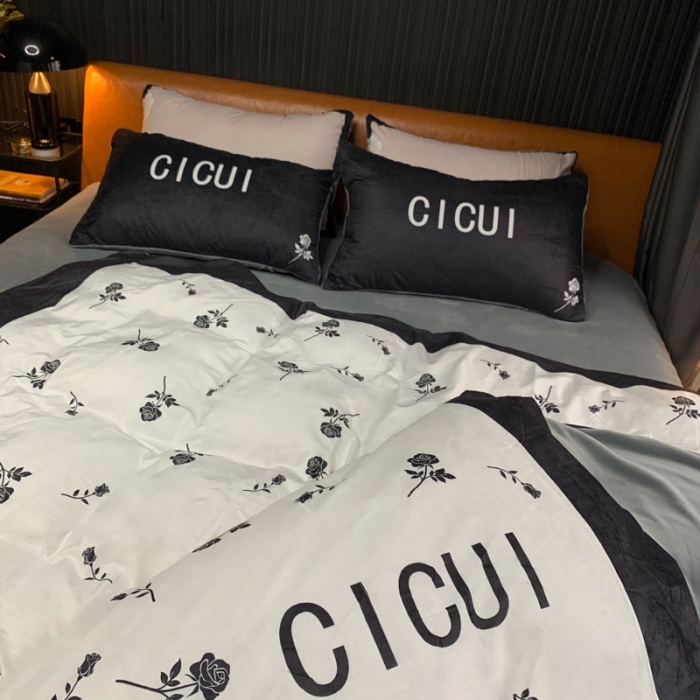 91家纺网 家纺一手货源 找家纺 花沐家居 2023新款活性数码印花牛奶绒四件套-场景1 小古黑花