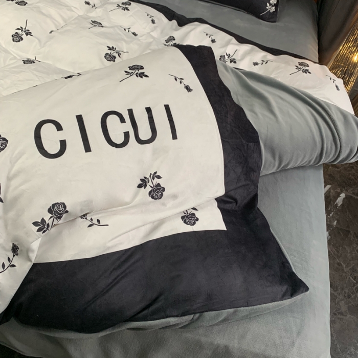 91家纺网 家纺一手货源 找家纺 花沐家居 2023新款活性数码印花牛奶绒四件套-场景1 小古黑花