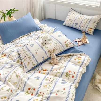 91家纺网 家纺一手货源 找家纺 （总）雅阁尔 2023直播爆款母婴级爆款水洗棉双层纱四件套碎花简约风单被套