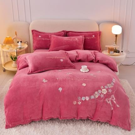 91家纺网 家纺一手货源 找家纺 喜梦缘家纺 2025新款花海系列牛奶绒绣花四件套 花海-红豆沙