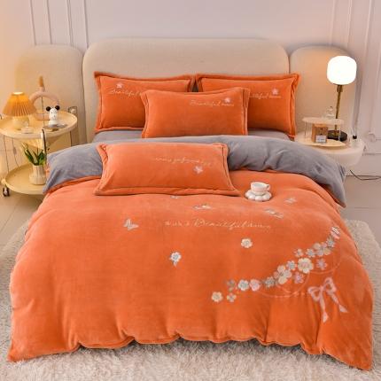 91家纺网 家纺一手货源 找家纺 喜梦缘家纺 2025新款花海系列牛奶绒绣花四件套 花海-桔+灰