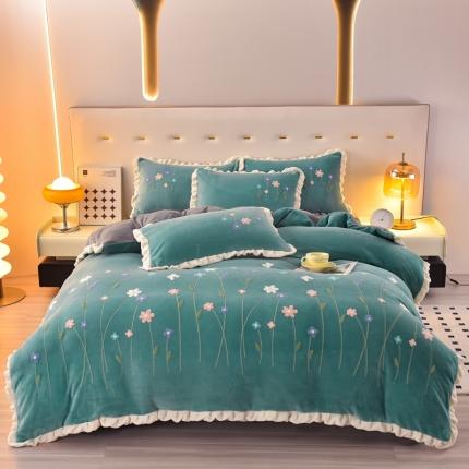 91家纺网 家纺一手货源 找家纺 喜梦缘家纺 2025新款牛奶绒绣花四件套繁花似锦-湖蓝+灰