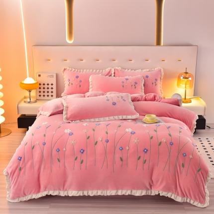 91家纺网 家纺一手货源 找家纺 喜梦缘家纺 2025新款牛奶绒绣花四件套 繁花似锦-樱桃粉