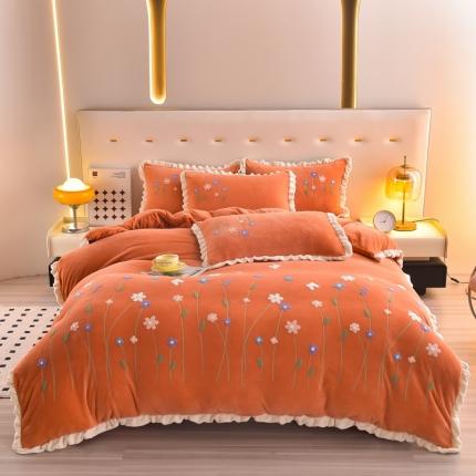 喜梦缘家纺 2025新款牛奶绒绣花四件套 繁花似锦-桔色