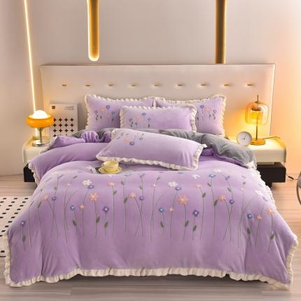 喜梦缘家纺 2025新款牛奶绒绣花四件套 繁花似锦-紫+灰