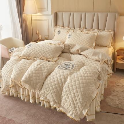 91家纺网 家纺一手货源 找家纺 （总）恋尚 2023新款水晶绒大豆蛋白棉床笠床裙可脱卸四件套花仙子