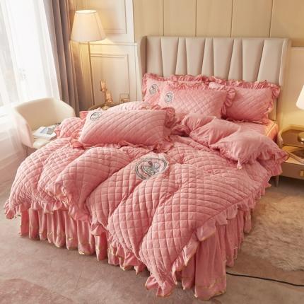 91家纺网 家纺一手货源 找家纺 恋尚 2023新款水晶绒大豆蛋白棉床笠床裙可脱卸四件套花仙子 花仙子粉玉