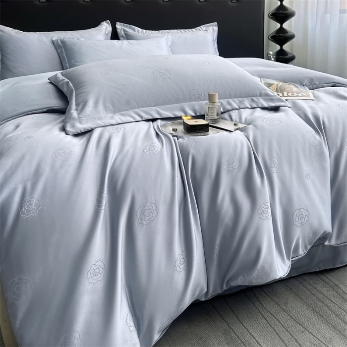 91家纺网 家纺一手货源 找家纺 宅家居 2023新款轻奢高精密贡缎提花臻品真丝四件套 山茶花-淡蓝