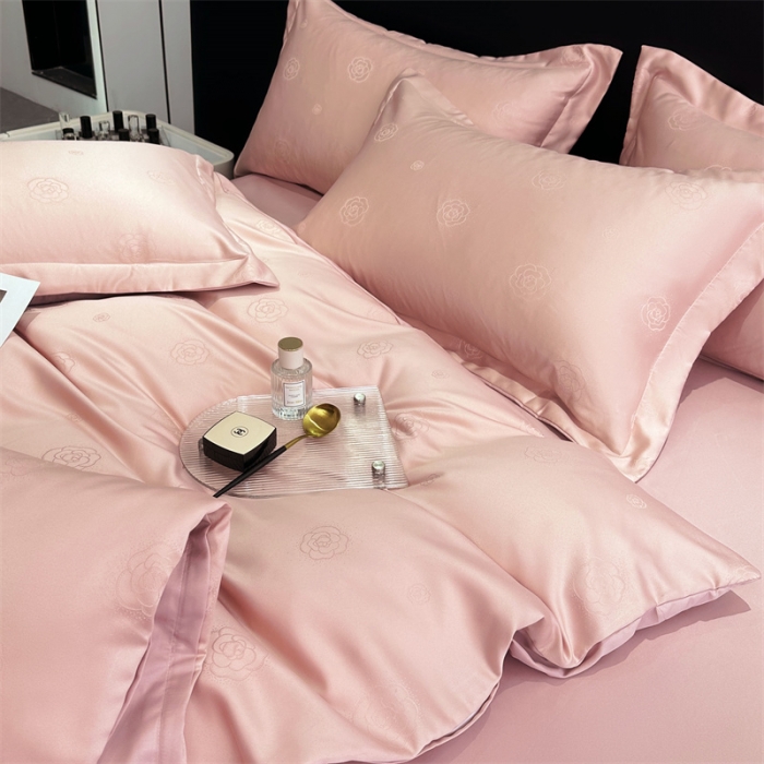 91家纺网 家纺一手货源 找家纺 宅家居 2023新款轻奢高精密贡缎提花臻品真丝四件套 山茶花-粉玉