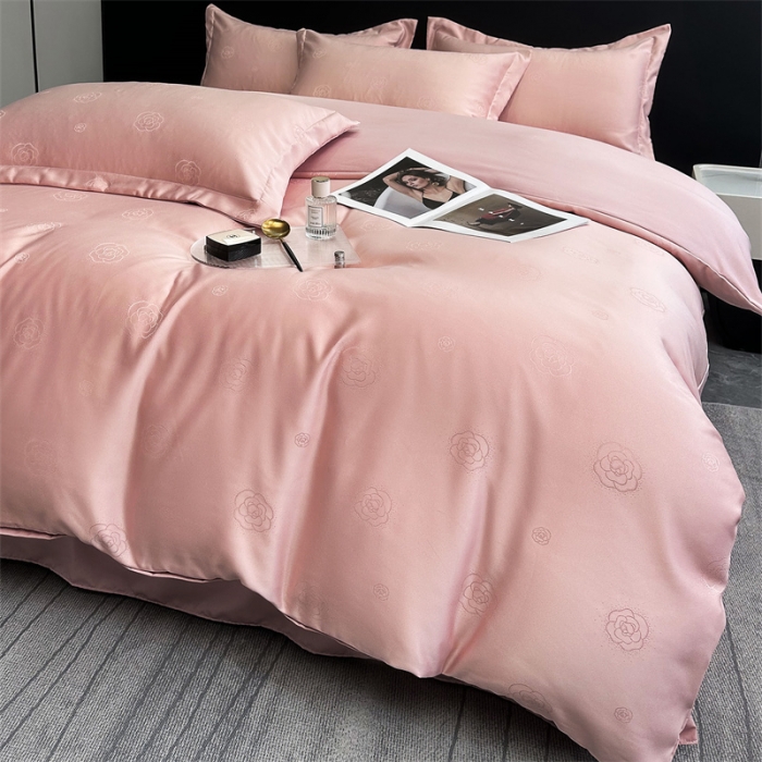 91家纺网 家纺一手货源 找家纺 宅家居 2023新款轻奢高精密贡缎提花臻品真丝四件套 山茶花-粉玉