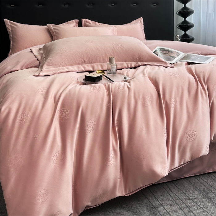 91家纺网 家纺一手货源 找家纺 宅家居 2023新款轻奢高精密贡缎提花臻品真丝四件套 山茶花-粉玉