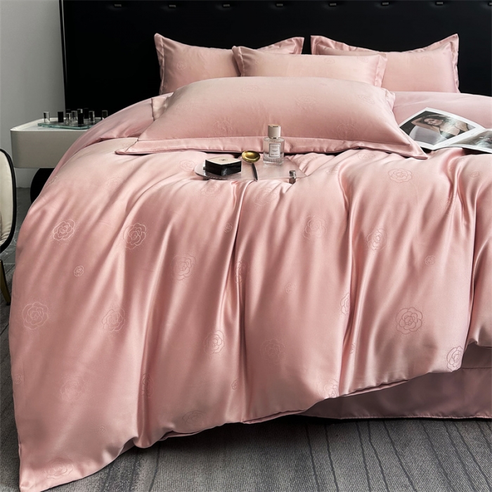 91家纺网 家纺一手货源 找家纺 宅家居 2023新款轻奢高精密贡缎提花臻品真丝四件套 山茶花-粉玉