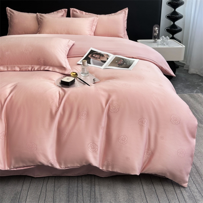 91家纺网 家纺一手货源 找家纺 宅家居 2023新款轻奢高精密贡缎提花臻品真丝四件套 山茶花-粉玉