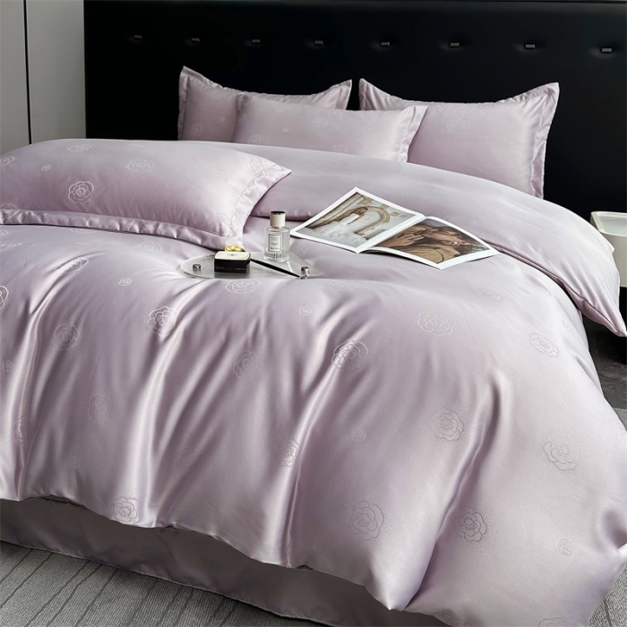 91家纺网 家纺一手货源 找家纺 宅家居 2023新款轻奢高精密贡缎提花臻品真丝四件套 山茶花-浅紫