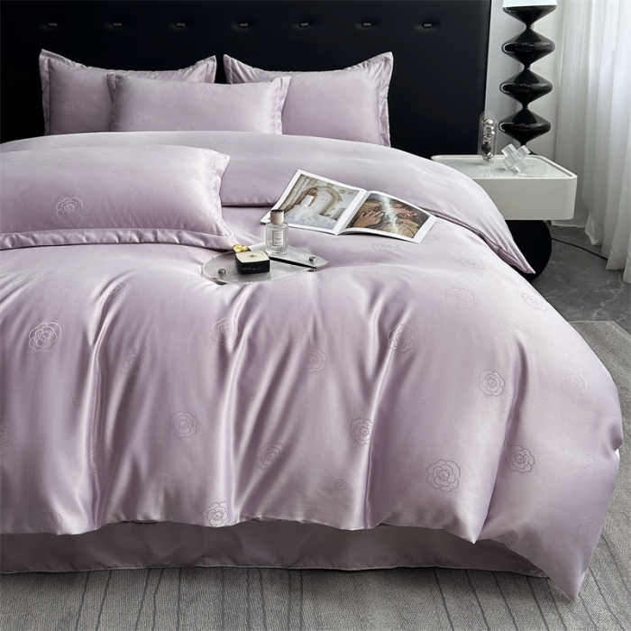 91家纺网 家纺一手货源 找家纺 宅家居 2023新款轻奢高精密贡缎提花臻品真丝四件套 山茶花-浅紫