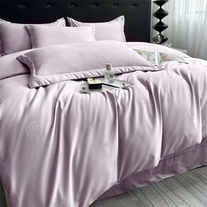 91家纺网 家纺一手货源 找家纺 宅家居 2023新款轻奢高精密贡缎提花臻品真丝四件套 山茶花-浅紫