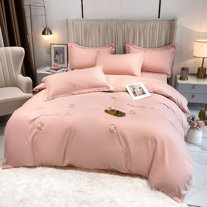 91家纺网 家纺一手货源 找家纺 涵宸家纺 2023新款水洗氧棉-山茶花系列四件套 山茶花-浅粉