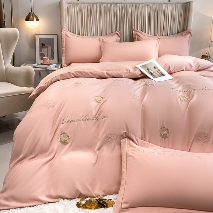 91家纺网 家纺一手货源 找家纺 涵宸家纺 2023新款水洗氧棉-山茶花系列四件套 山茶花-浅粉