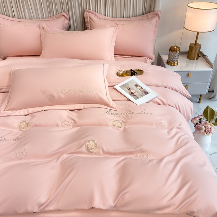 91家纺网 家纺一手货源 找家纺 涵宸家纺 2023新款水洗氧棉-山茶花系列四件套 山茶花-浅粉