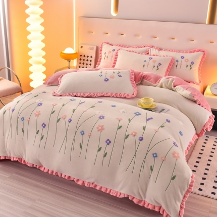 91家纺网 家纺一手货源 找家纺 （总）喜梦缘 2025加厚韩版花卉牛奶绒刺绣花四件套婴儿兔毛绒繁花似锦