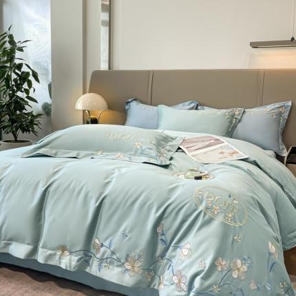 91家纺网 家纺一手货源 找家纺 丞音 高档礼盒2024新款长绒棉轻奢纯棉花卉刺绣四件套 香榭丽-达因绿