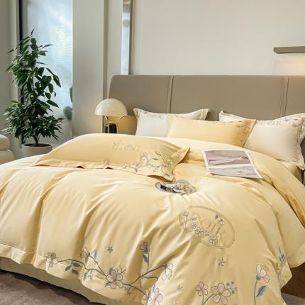 91家纺网 家纺一手货源 找家纺 丞音 高档礼盒2024新款长绒棉轻奢纯棉花卉刺绣四件套 香榭丽-琉璃黄