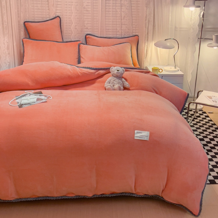 91家纺网 家纺一手货源 找家纺 绒世界 2024新款加厚牛奶绒纯色优雅四件套 优雅-橙色