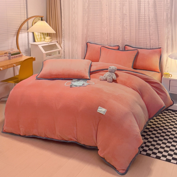 91家纺网 家纺一手货源 找家纺 绒世界 2024新款加厚牛奶绒纯色优雅四件套 优雅-橙色