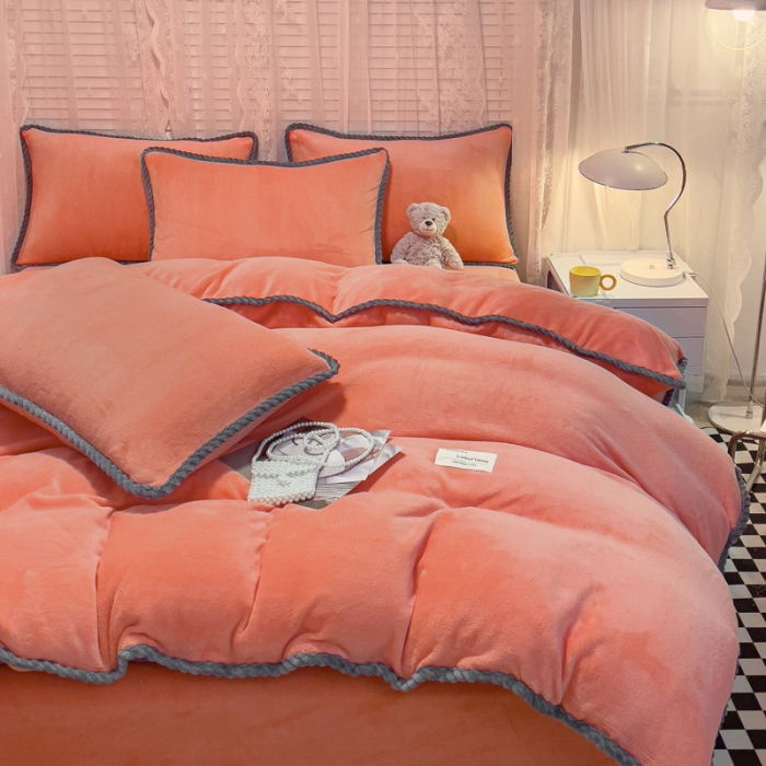 91家纺网 家纺一手货源 找家纺 绒世界 2024新款加厚牛奶绒纯色优雅四件套 优雅-橙色
