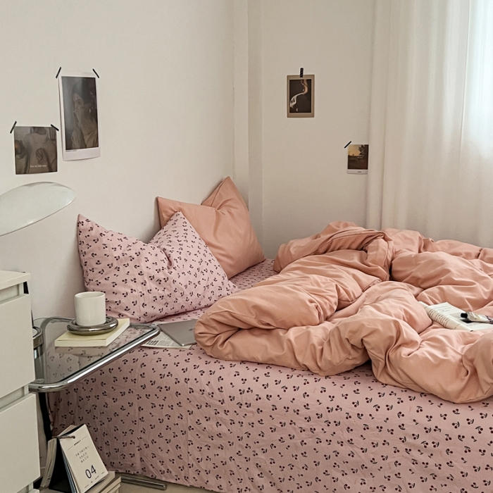 91家纺网 家纺一手货源 找家纺 梦嘉居 2023新款水洗棉双层纱亲肤舒适单床笠 粉玉+小樱桃