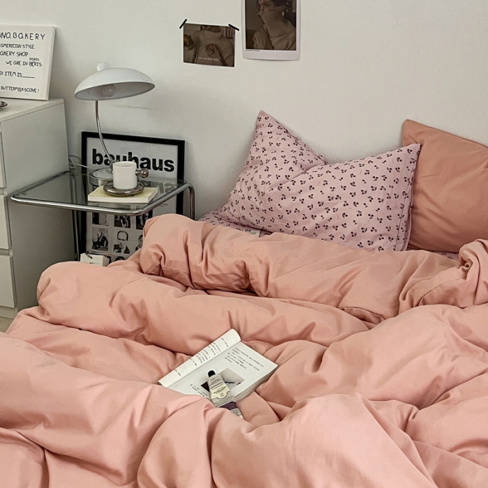 91家纺网 家纺一手货源 找家纺 梦嘉居 2023新款水洗棉双层纱亲肤舒适单床笠 粉玉+小樱桃