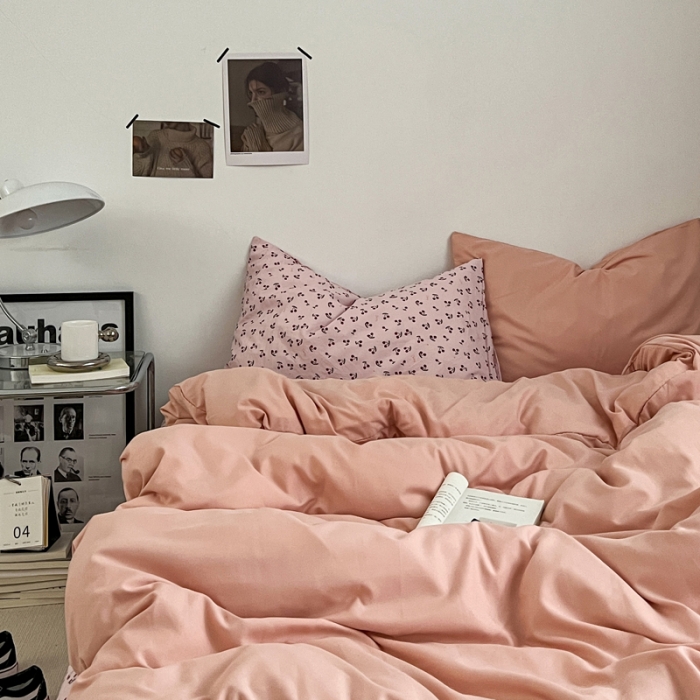 91家纺网 家纺一手货源 找家纺 梦嘉居 2023新款水洗棉双层纱亲肤舒适单床笠 粉玉+小樱桃