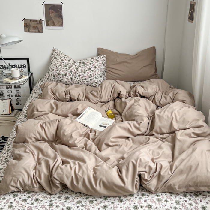 91家纺网 家纺一手货源 找家纺 梦嘉居 2023新款水洗棉双层纱亲肤舒适单床笠 卡其+繁花