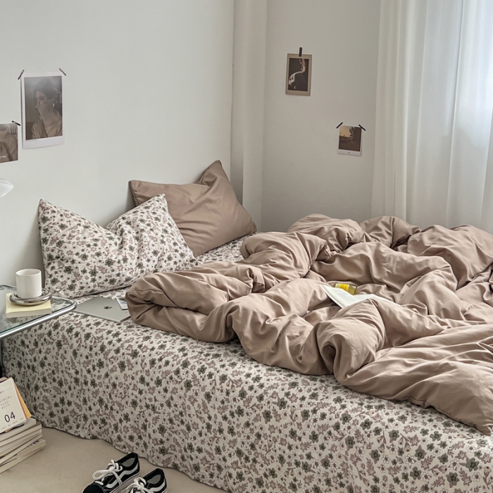 91家纺网 家纺一手货源 找家纺 梦嘉居 2023新款水洗棉双层纱亲肤舒适单床笠 卡其+繁花