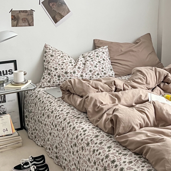 91家纺网 家纺一手货源 找家纺 梦嘉居 2023新款水洗棉双层纱亲肤舒适单床笠 卡其+繁花