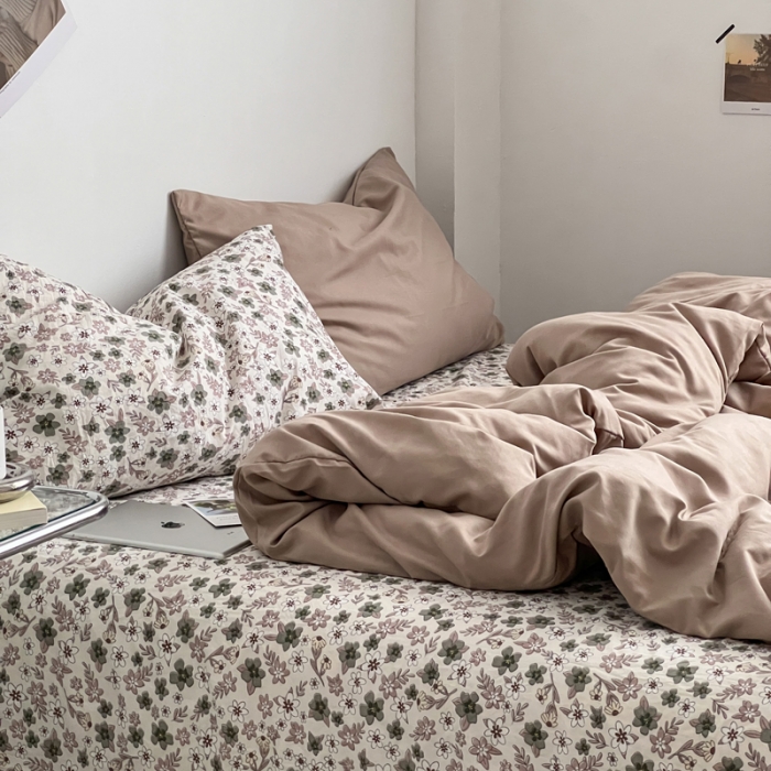 91家纺网 家纺一手货源 找家纺 梦嘉居 2023新款水洗棉双层纱亲肤舒适单床笠 卡其+繁花