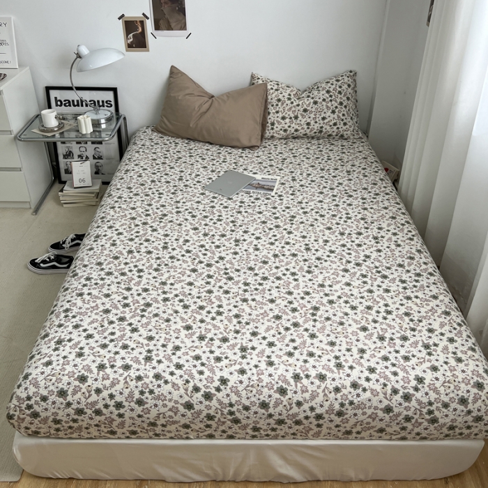 91家纺网 家纺一手货源 找家纺 梦嘉居 2023新款水洗棉双层纱亲肤舒适单床笠 卡其+繁花