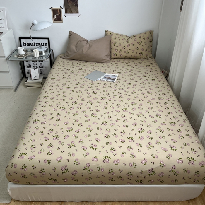 91家纺网 家纺一手货源 找家纺 梦嘉居 2023新款水洗棉双层纱亲肤舒适单床笠 卡其+风华