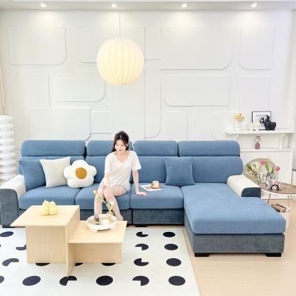 91家纺网 家纺一手货源 找家纺 逐日沙发套 2023新款防水提花沙发笠羽叶系列 羽叶-蓝色