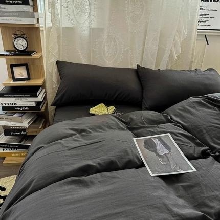 91家纺网 家纺一手货源 找家纺 优色良品 2023新款纯色超柔水洗棉四件套（手机拍摄） 褶皱水洗棉-气质灰