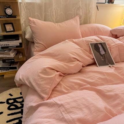 91家纺网 家纺一手货源 找家纺 优色良品 2023新款纯色超柔水洗棉四件套（手机拍摄） 褶皱水洗棉-仙女粉