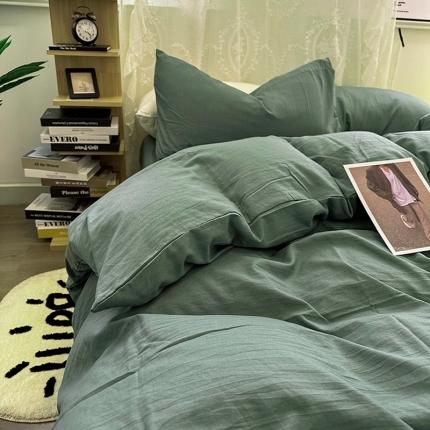 优色良品 2023新款纯色超柔水洗棉四件套（手机拍摄） 褶皱水洗棉-暗夜绿