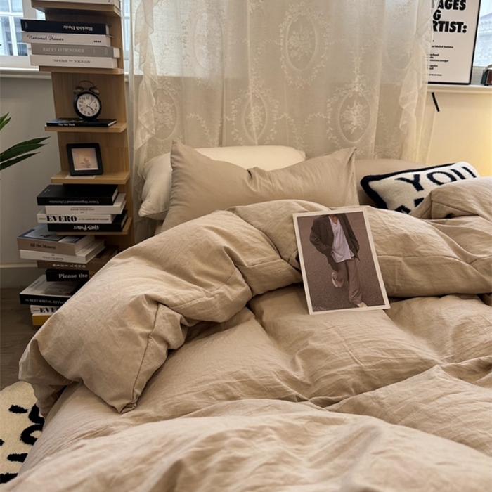 91家纺网 家纺一手货源 找家纺 优色良品 2023新款纯色超柔水洗棉四件套（手机拍摄） 褶皱水洗棉-奶茶色