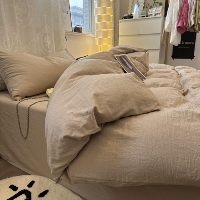 91家纺网 家纺一手货源 找家纺 优色良品 2023新款纯色超柔水洗棉四件套（手机拍摄） 褶皱水洗棉-奶茶色