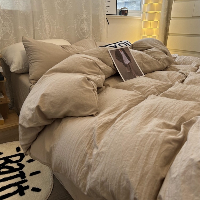 91家纺网 家纺一手货源 找家纺 优色良品 2023新款纯色超柔水洗棉四件套（手机拍摄） 褶皱水洗棉-奶茶色