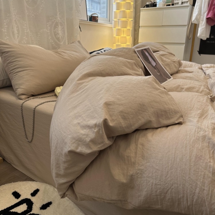 91家纺网 家纺一手货源 找家纺 优色良品 2023新款纯色超柔水洗棉四件套（手机拍摄） 褶皱水洗棉-奶茶色