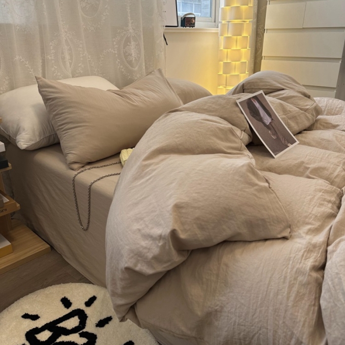 91家纺网 家纺一手货源 找家纺 优色良品 2023新款纯色超柔水洗棉四件套（手机拍摄） 褶皱水洗棉-奶茶色